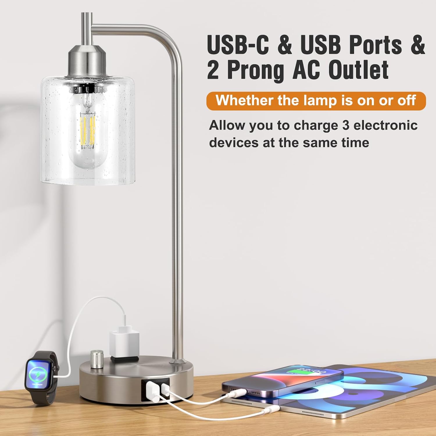 Industrial Table Lamps for Bedrooms Set of 2 - Fully Dimmable Bedside Lamps with USB A and C Ports and Outlet, Nickel Nightstand Lamps…
