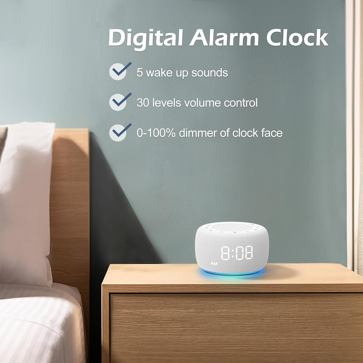 Buffbee Sound Machine & Alarm Clock 2-in-1, 0-100% Clock Face Brightness, Bottom Colored Light, Sleep Timer, Precise 30-Level Volume…
