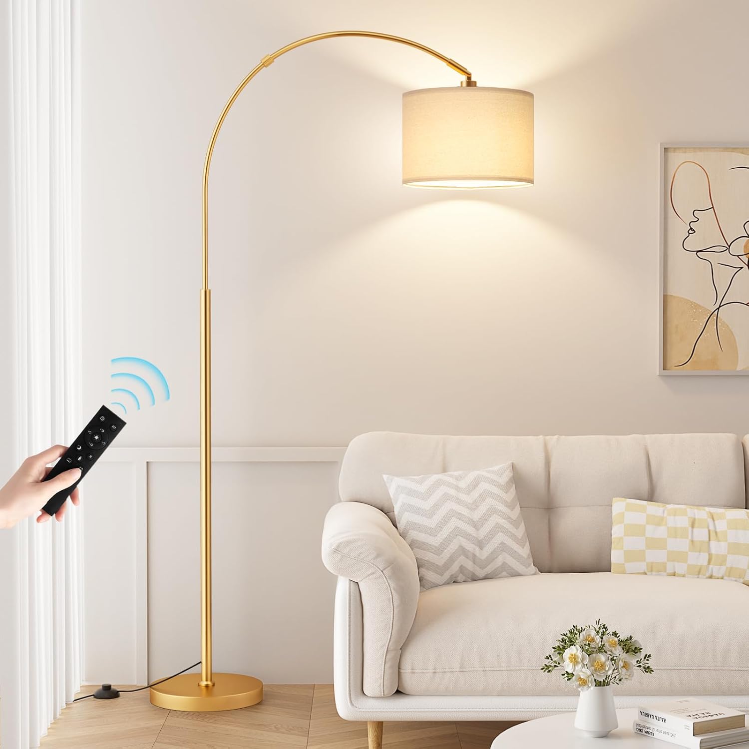Ambimall Dimmable Arc Floor Lamp with Remote, Color Temperatures and Brightness Adjustable, Arched Floor Lamp with Rotating Head, Over…