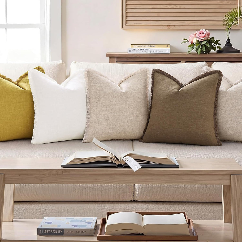 decorUhome Summer Decorative Neutral Linen Fringe Throw Pillow Covers Set of 2 Mustard Yellow Pillow Covers with Tassels Soft Farmhouse Boh…