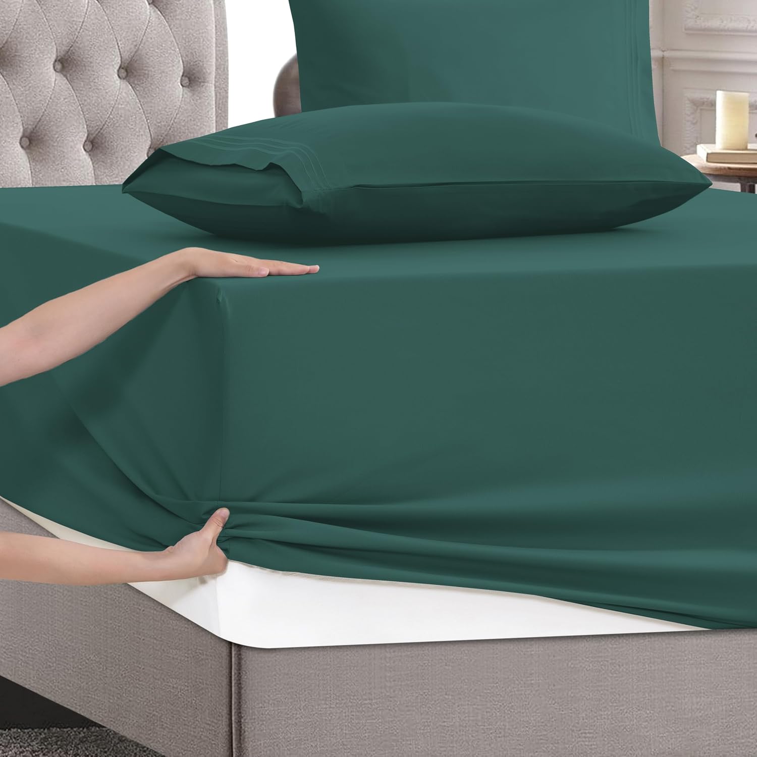MocassiLuxuryBedding Mocassi Queen Size 4-Piece Bed Sheet Set - 1800 Hotel Quality Microfiber 18-24 Inches Extra Deep Pocket Fitted Sheet-…