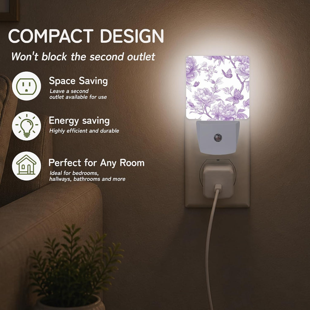 Lavender Toile Butterfly Night Light, Night Lights Plug into Wall with Dusk to Dawn Sensor for Bedroom Bathroom Hallway Kitchen…