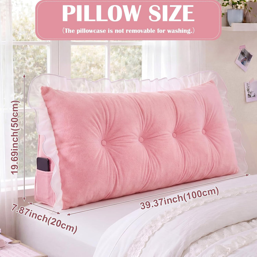 Leinuosen 39 in Ruffle Wedge Headboard Pillow for Dorm Twin XL College Bed Reading Bolster Dorm Velvet Triangular Bed Backrest Wedge…