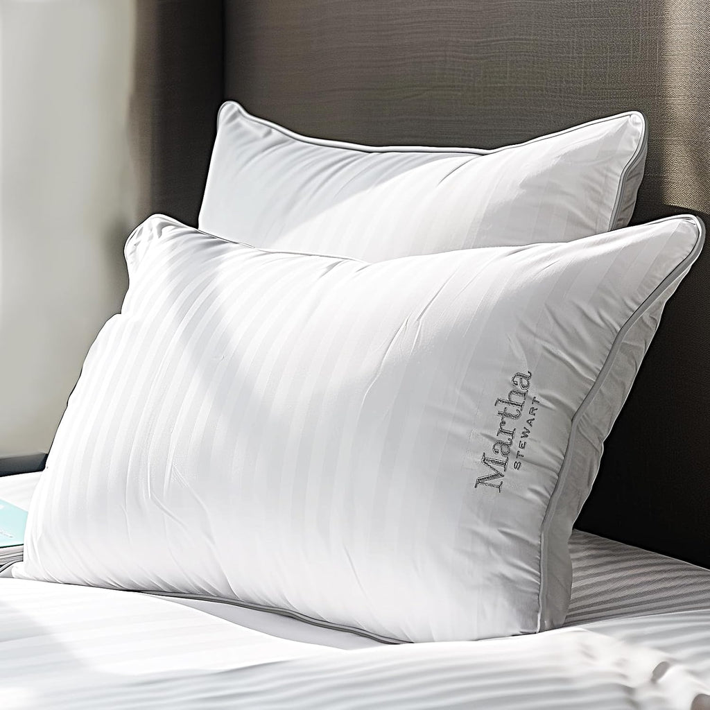 Martha Stewart Hotel Collection Pillow 500 Thread Count Damask Stripe Embroidered Feathers Soft Hypoallergenic 100% Cotton Queen Size Set…