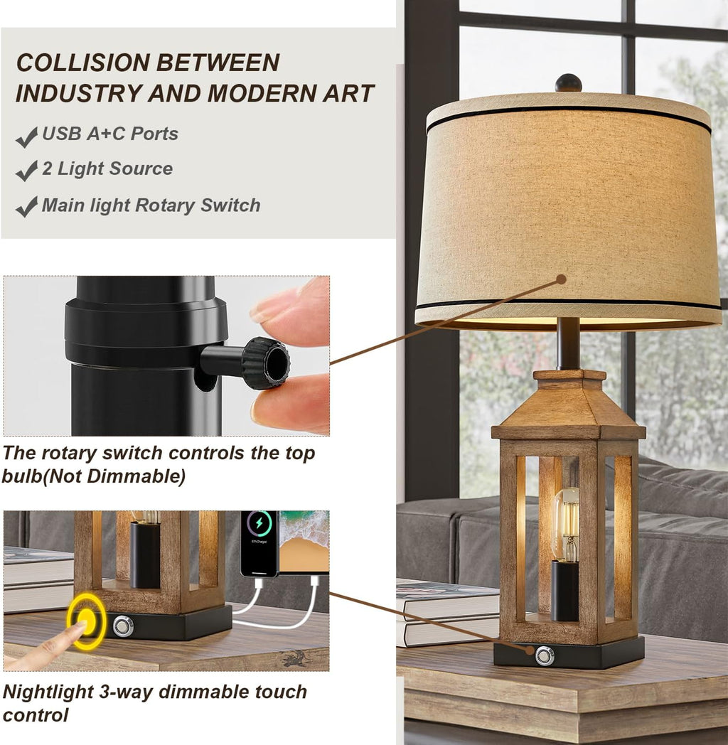G-SAFAVA 23.75" Farmhouse Table Lamps USB A+C Charging Ports 3-Way Dimmable Touch Control Lamp Nightlight Vintage Modern Lamp for Living…