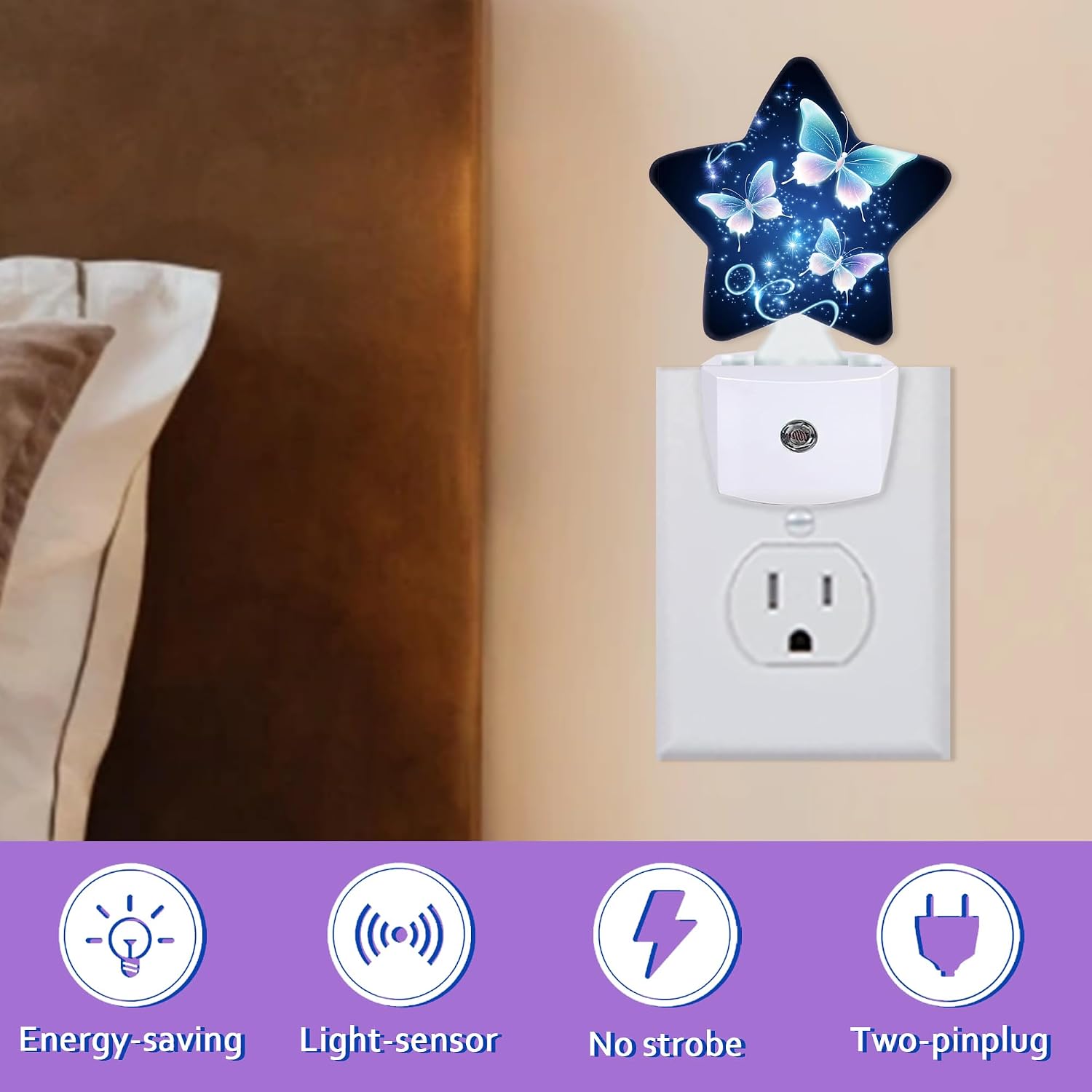 Glitter Butterfly Night Lights Plug Into Wall, Navy Blue Dusk to Dawn Light Sensor Night Light for Kids, Energy Efficient Sleep Friendly…