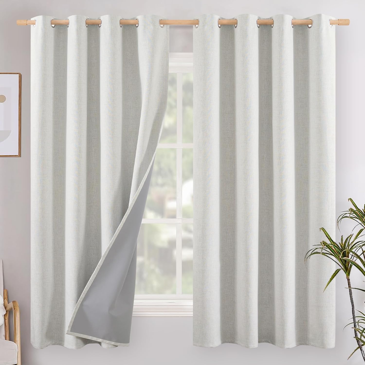 YoungsTex Ivory Linen Blackout Curtains 63 Inch Length, Thermal Insulated Black Out Drapes with Grommet Energy Saving for Bedroom Living Ro…