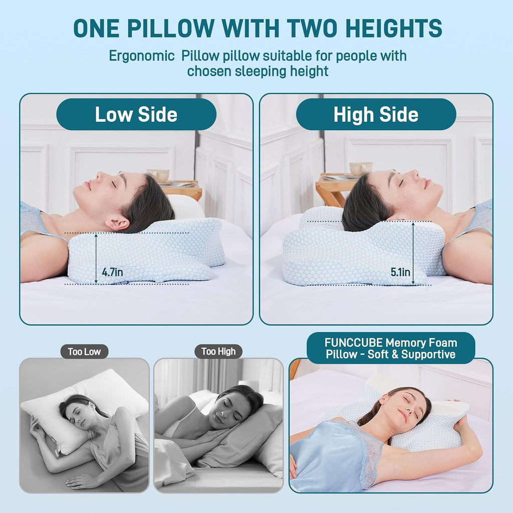 Funccube Cervical Neck Pillow - Memory Foam Pillow for Sleeping, Ergonomic Neck Support Contour Pillows for Side Back Stomach Sleepers, Orth…