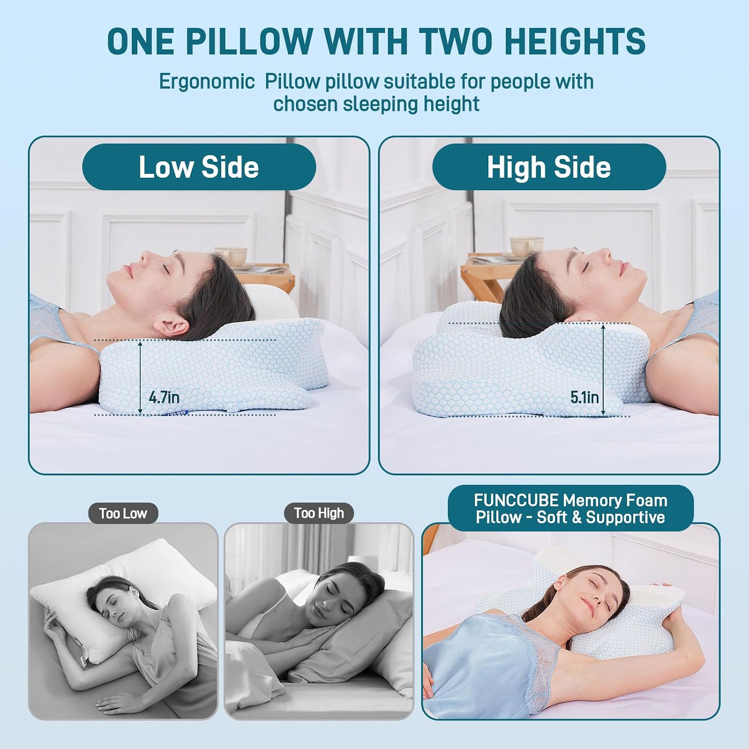 Funccube Cervical Neck Pillow - Memory Foam Pillow for Sleeping, Ergonomic Neck Support Contour Pillows for Side Back Stomach Sleepers, Orth…