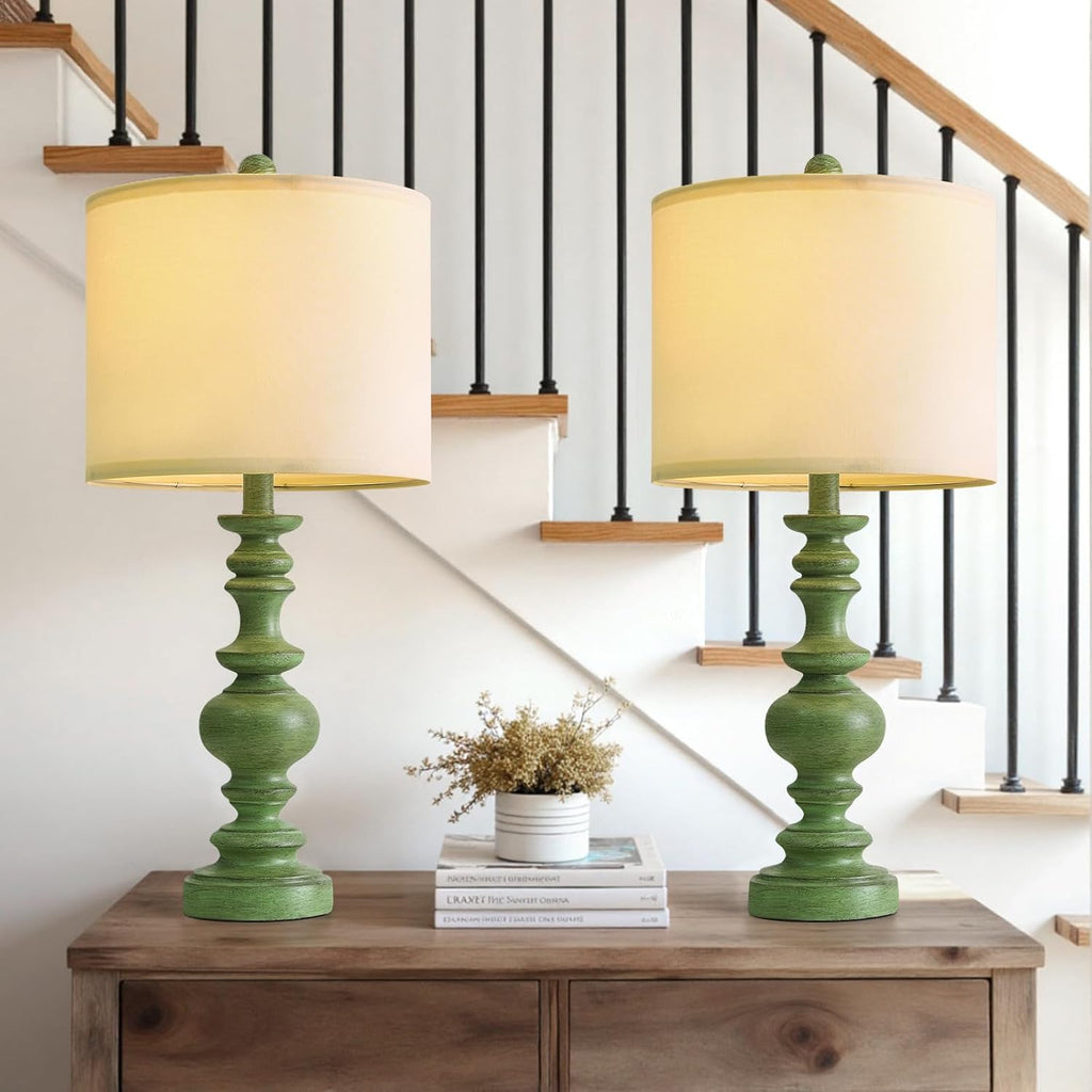 BOBOMOMO 24" Farmhouse Table Lamps Set of 2 – Sage Green Bedside Lamps with Linen Shades, Medium Traditional Lamps for Living Room…