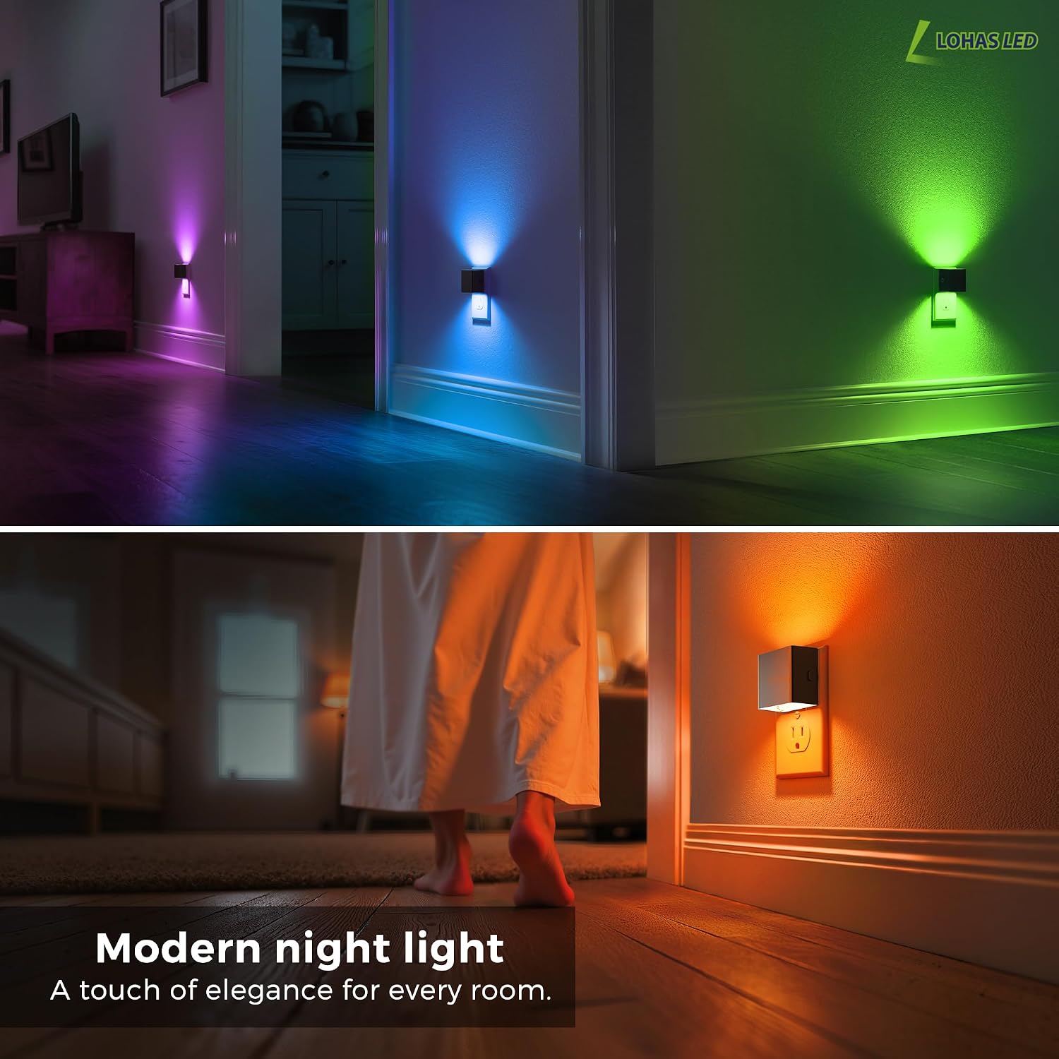 L LOHAS LED Night Lights Plug into Wall,[2-Pack] Plug in Night Light with Dusk to Dawn Sensor, Brightness Adjustable, RGB Color…