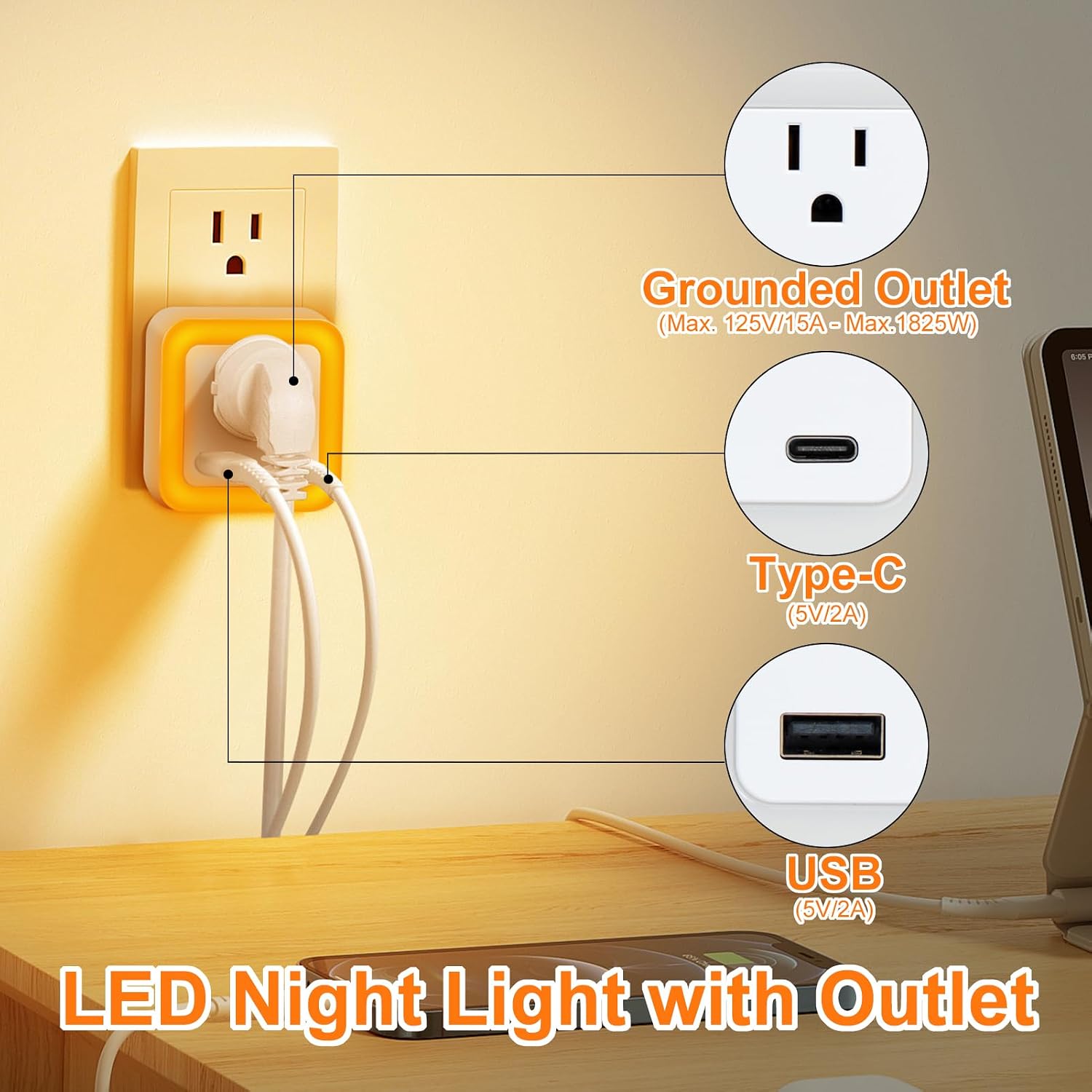 JackonLux Night Lights Plug Into Wall 2 Pack Rechargeable Battery Backup Light Dusk to Dawn Sensor Night Light with Outlet Expander for…