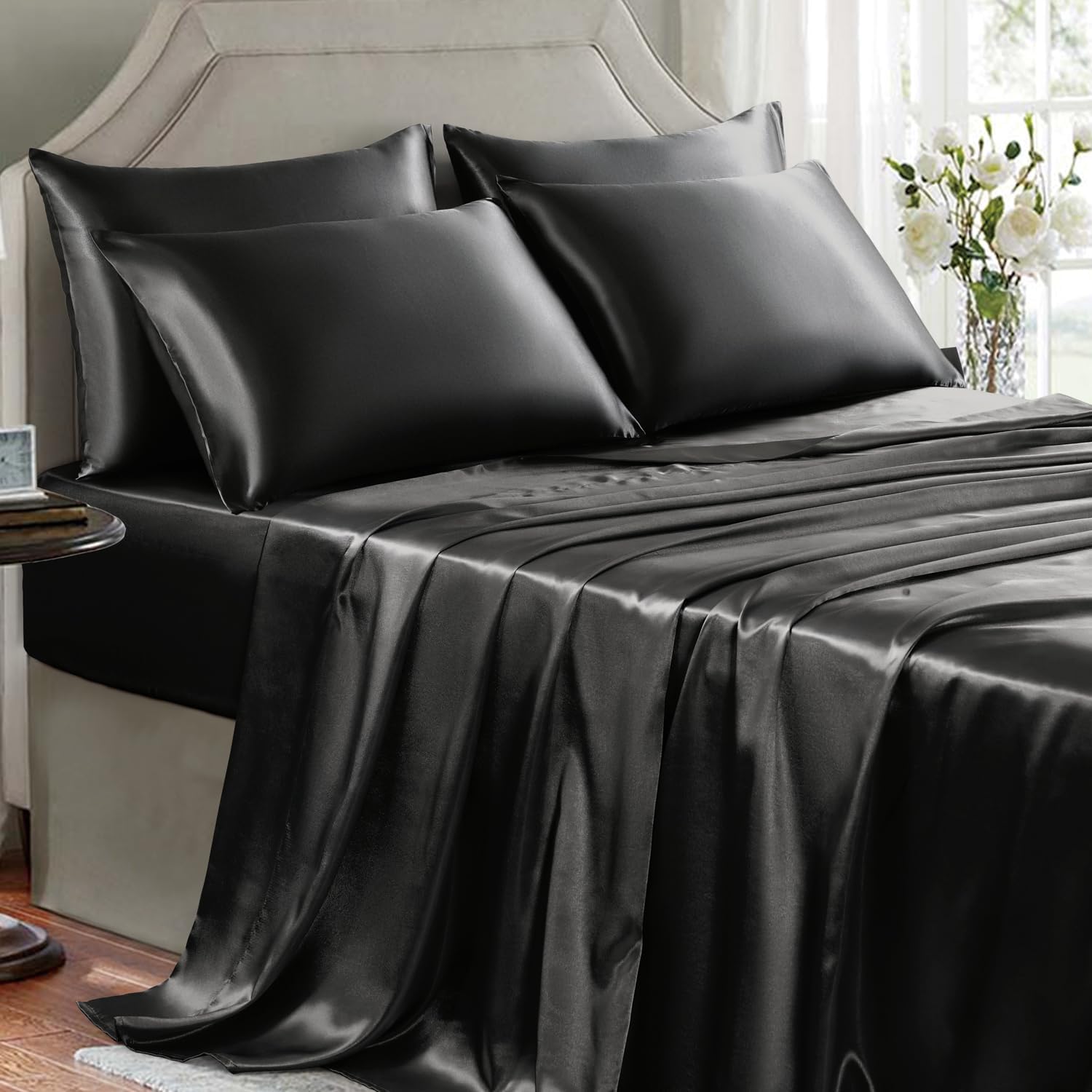 Golal Satin Sheets Full Size - 6 Pieces Luxury Silky Soft Bed Sheets, Wrinkle-Free Black Satin Silk Sheet Set with 1 Deep Pocket Fitted She…