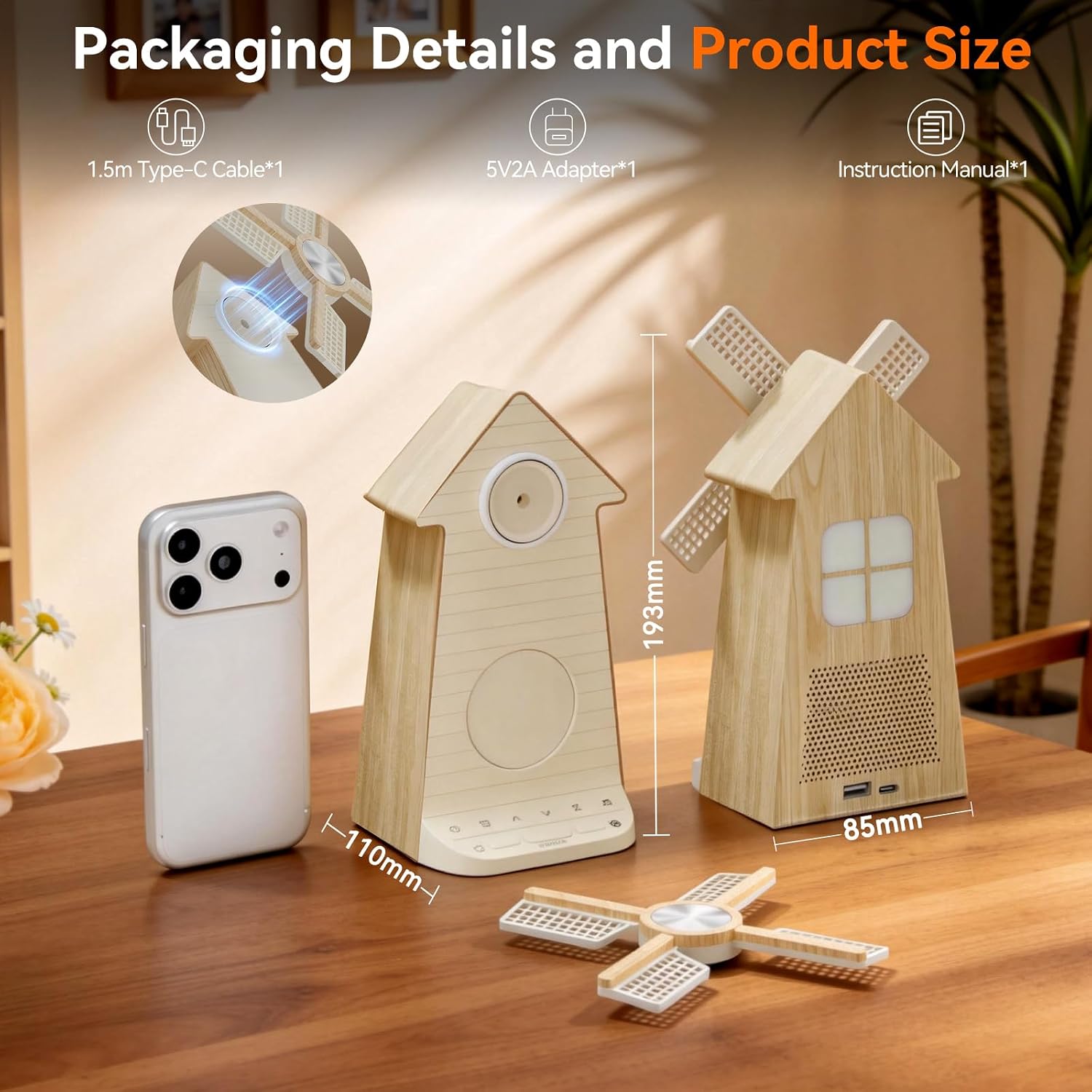 Reteyung Alarm Clock with Rotating Windmill, Sound Machine with Wake up Light, Snooze,10 Nature Sounds & 10 White Noises,15 Ringtones, USB Cha…