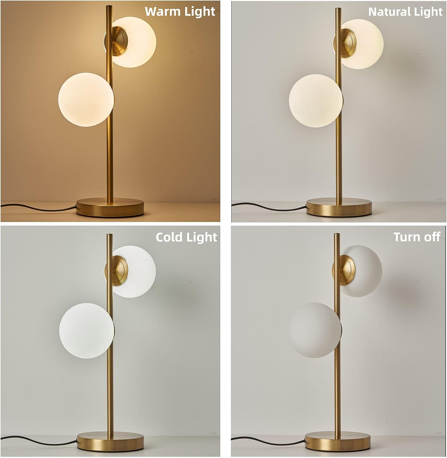 Mid Century Modern Table Lamp, Gold Globe Nightstand Light with 2 LED Bulbs Included, Contemporary Bedside Lamp for Bedroom Living Room…
