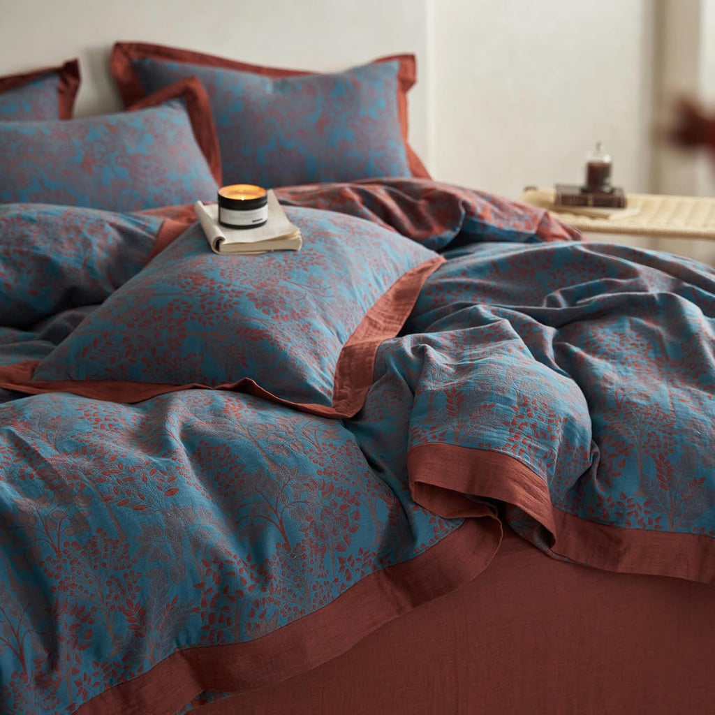 mixinni Muslin Cotton Vintage Blue Floral Duvet Cover Queen Size 3pcs Yarn Dyed Burgundy Jacquard Weave Bedding Comforter Cover Soft Breath…