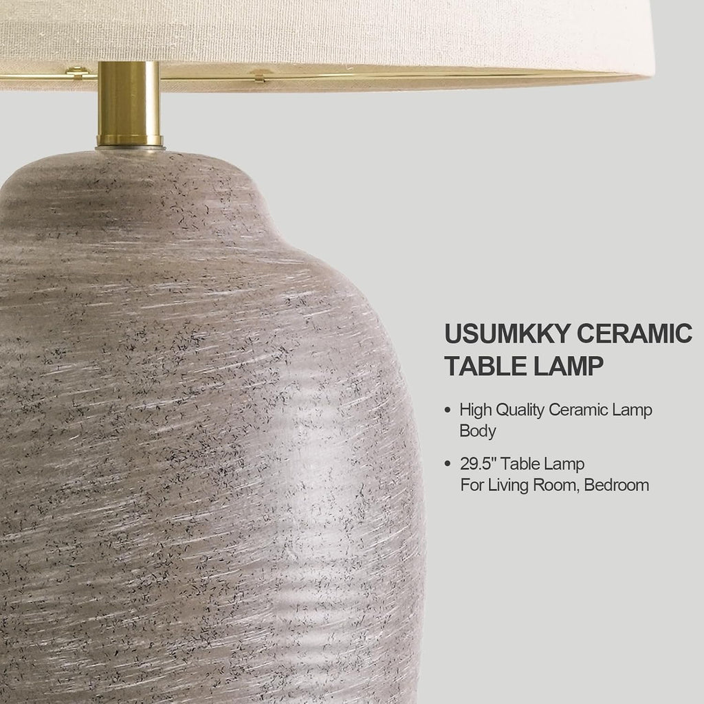 USumkky 29.5" Tall Vintage Ceramic Table Lamp with 5FT Cord - Single Large Rustic Farmhouse Bedside Lamp with Linen Shade & Natural Texture…