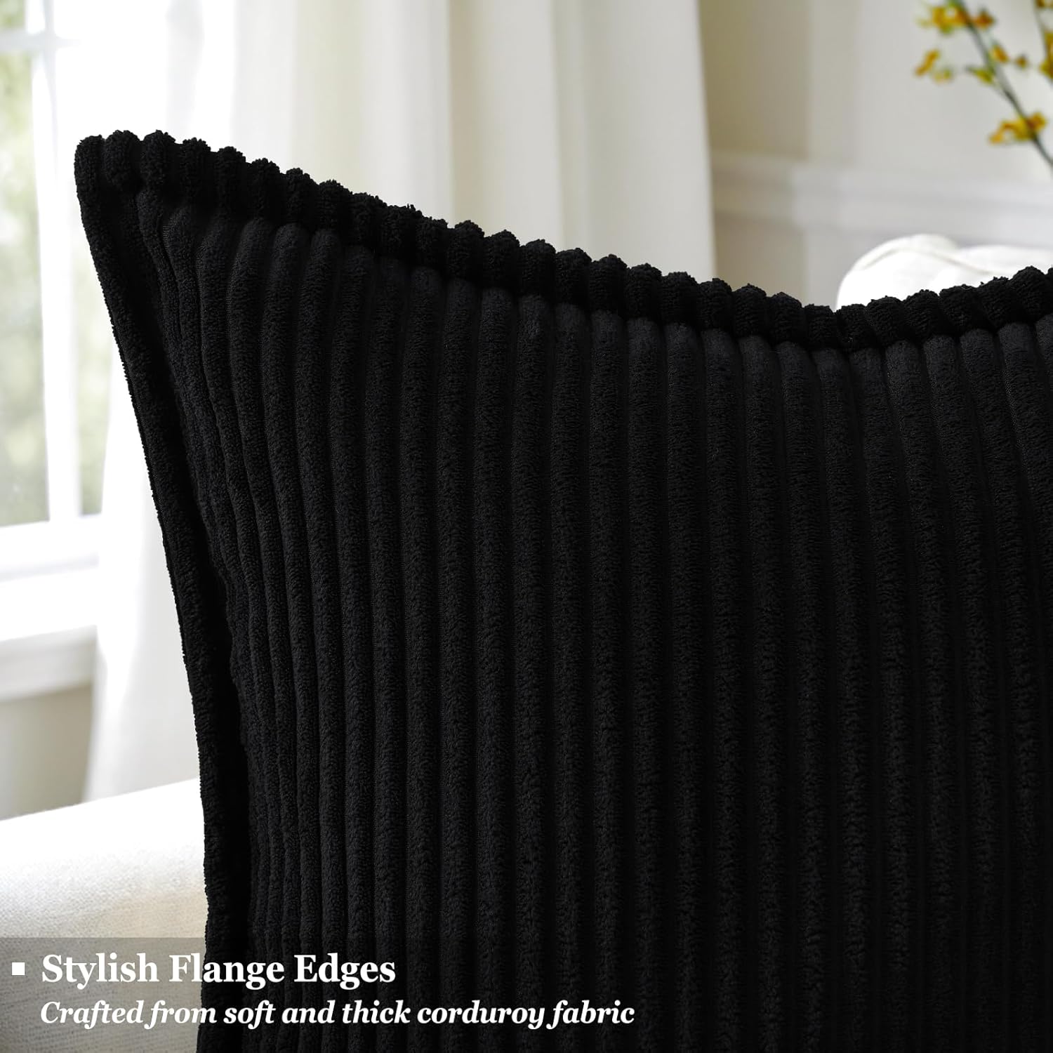 decorUhome Summer Corduroy Black Euro Sham Throw Pillow Covers 22x22 Set of 2 Decorative Soft Boho Farmhouse Couch Pillow Covers for Living…