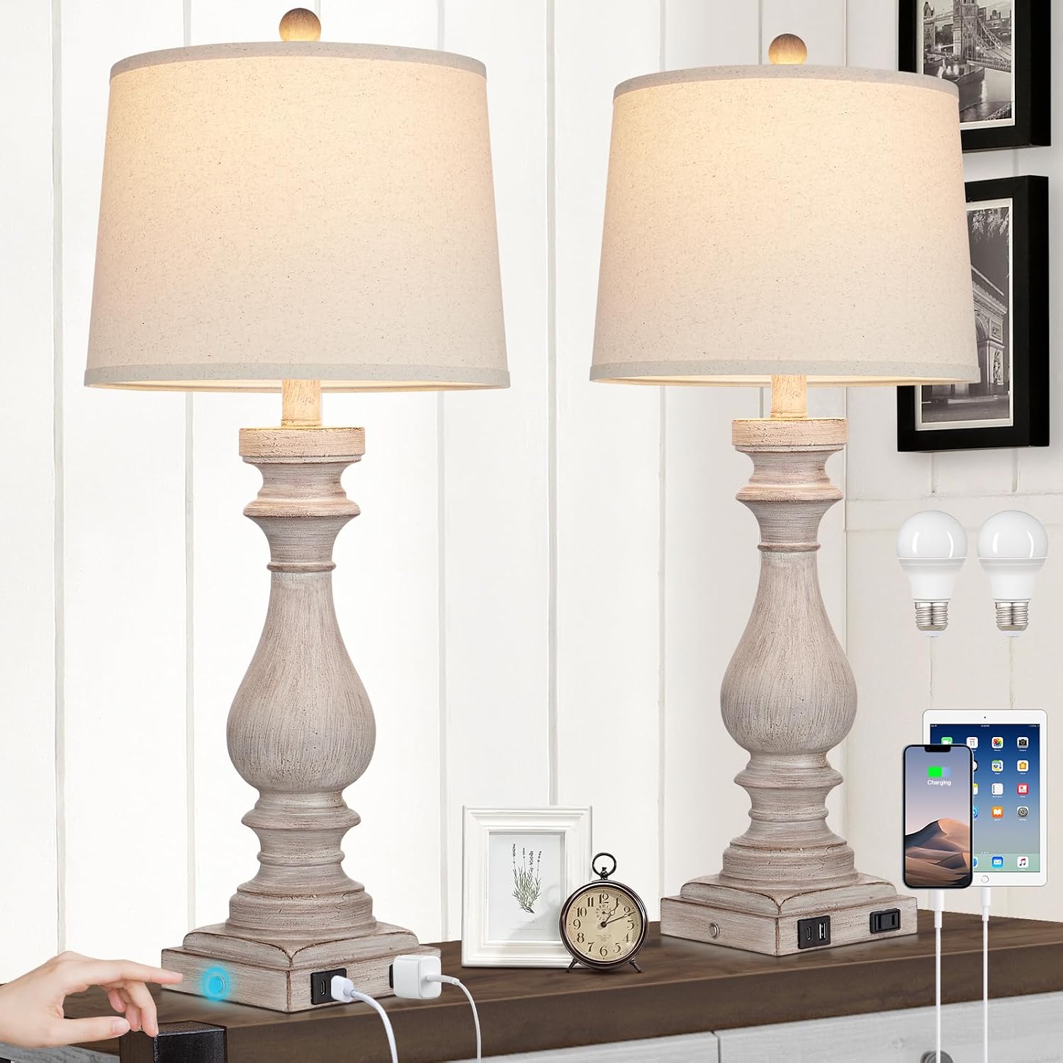 Cinkeda 29" Tall Table Lamp for Living Room Set of 2, Vintage Bedside Nightstand Lamps with USB C+A Ports & AC Outlet,3-Way Dimmable Touch…