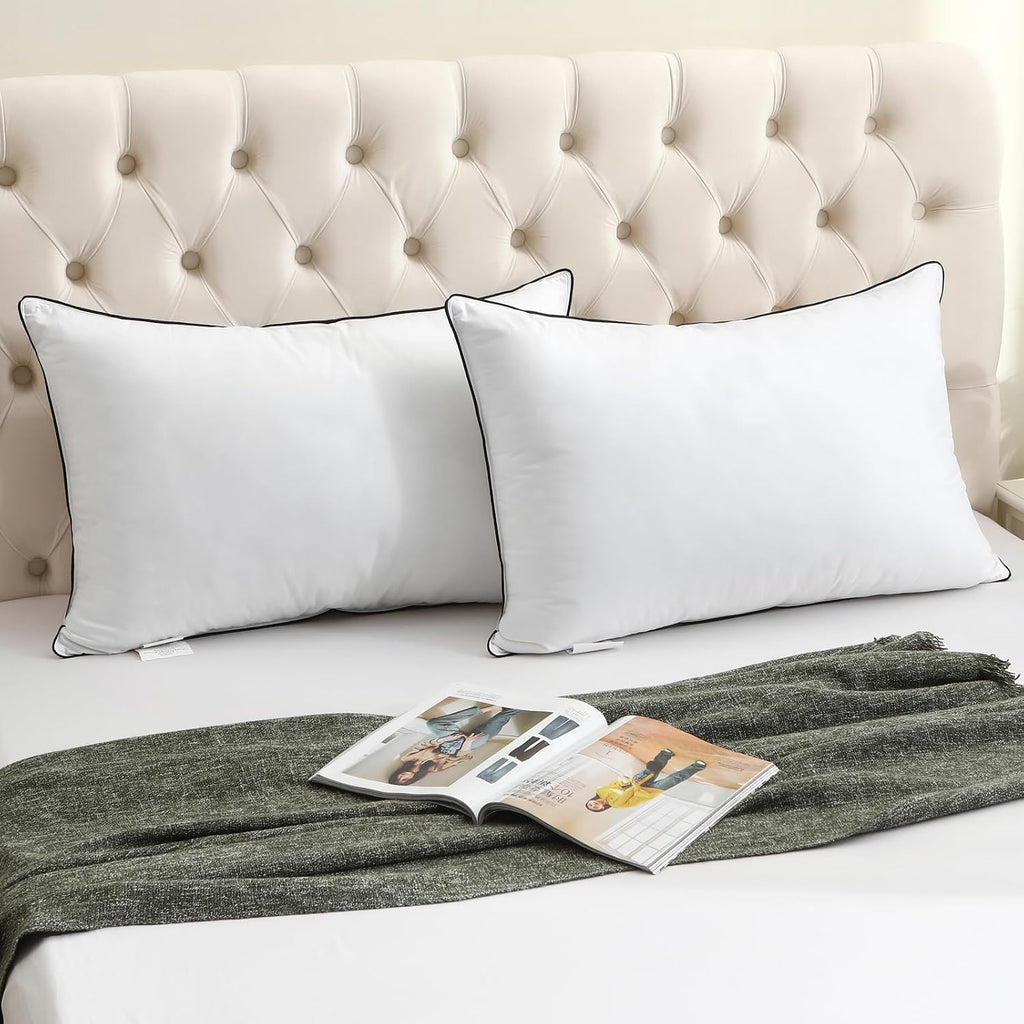 Bpc Luxury Hotel Goose Feather Down Pillows Queen Size Set of 2, Medium Firm Bed Pillows for Sleeping, Organic Cotton Cover, Soft Yet Suppo…