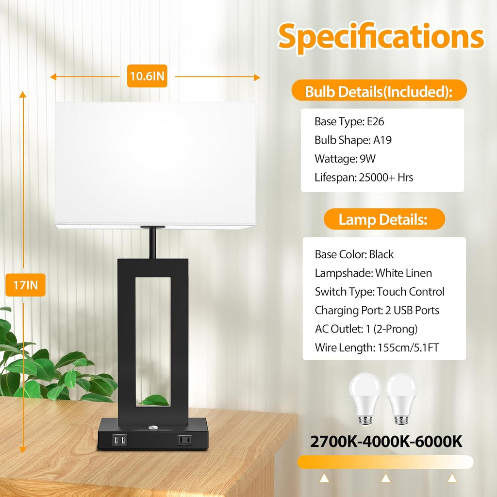 Kondras Set of 2 Table Lamps for Bedrooms, 3-Color Temperatures Touch Control Bedside Lamps with 2 USB Ports&AC Outlet, Stepless Dimmable…