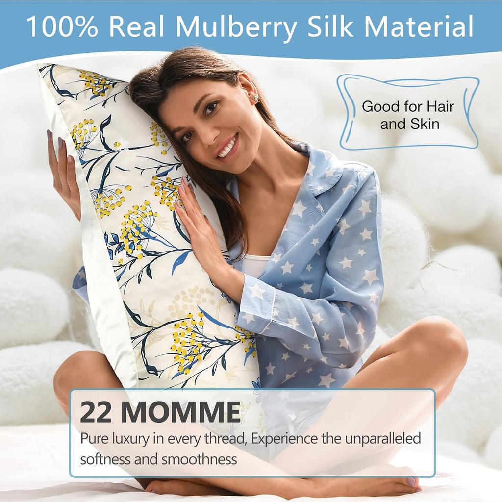 MANSPHIL Rustic Floral Silk Pillow Cases King, Botanical Printed 22 Momme Mulberry Silk Top with Satin Underside Pillowcase for Hair and…