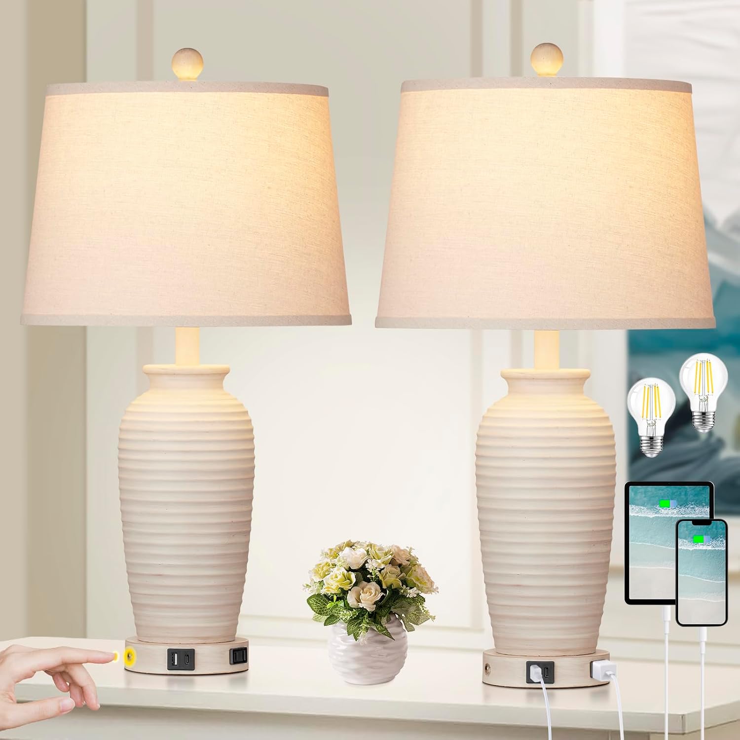 CINSARY 24.3" Farmhouse Jar Table Lamps Set of 2, 3 Way Touch Control Rustic Bedside Lamps with USB A+C Ports & AC Outlet, Pot Nightstand…