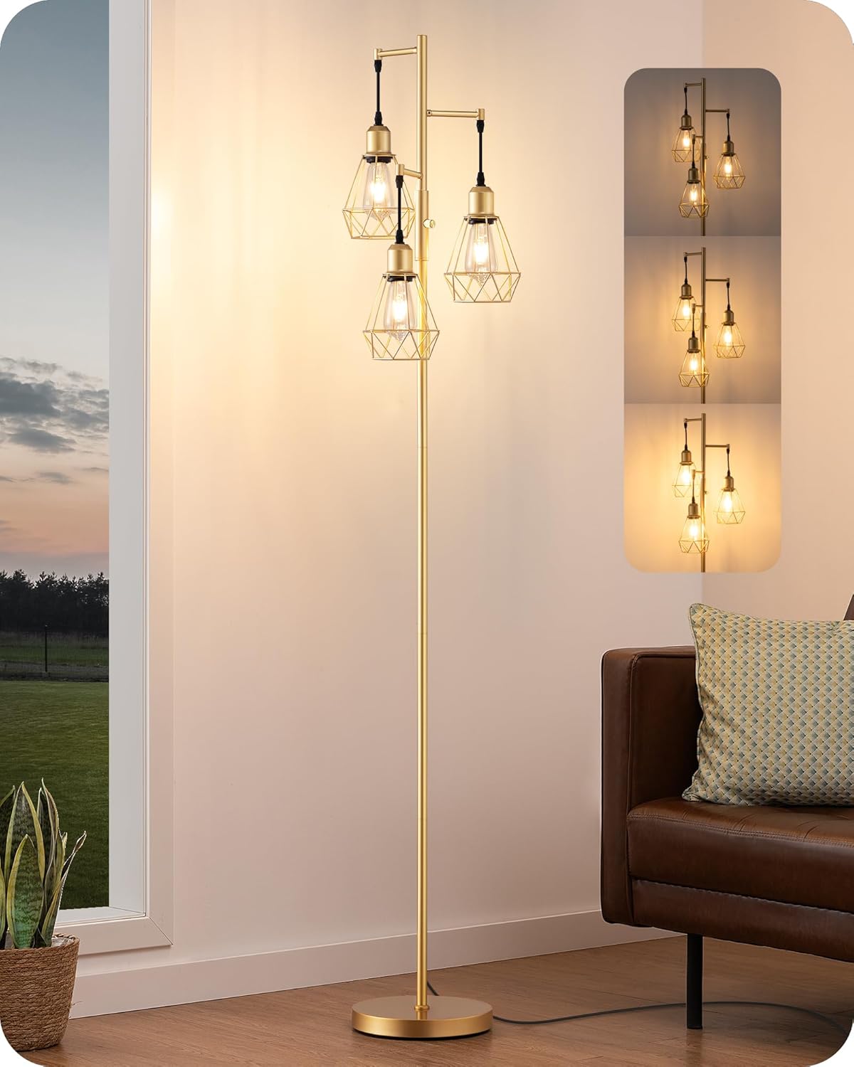 Edishine 70'' Dimmable Industrial Floor Lamp, Farmhouse Standing Lamps Diamond-Shaped Lampshade, 3 LED Edison Bulbs Included, Modern Rustic…