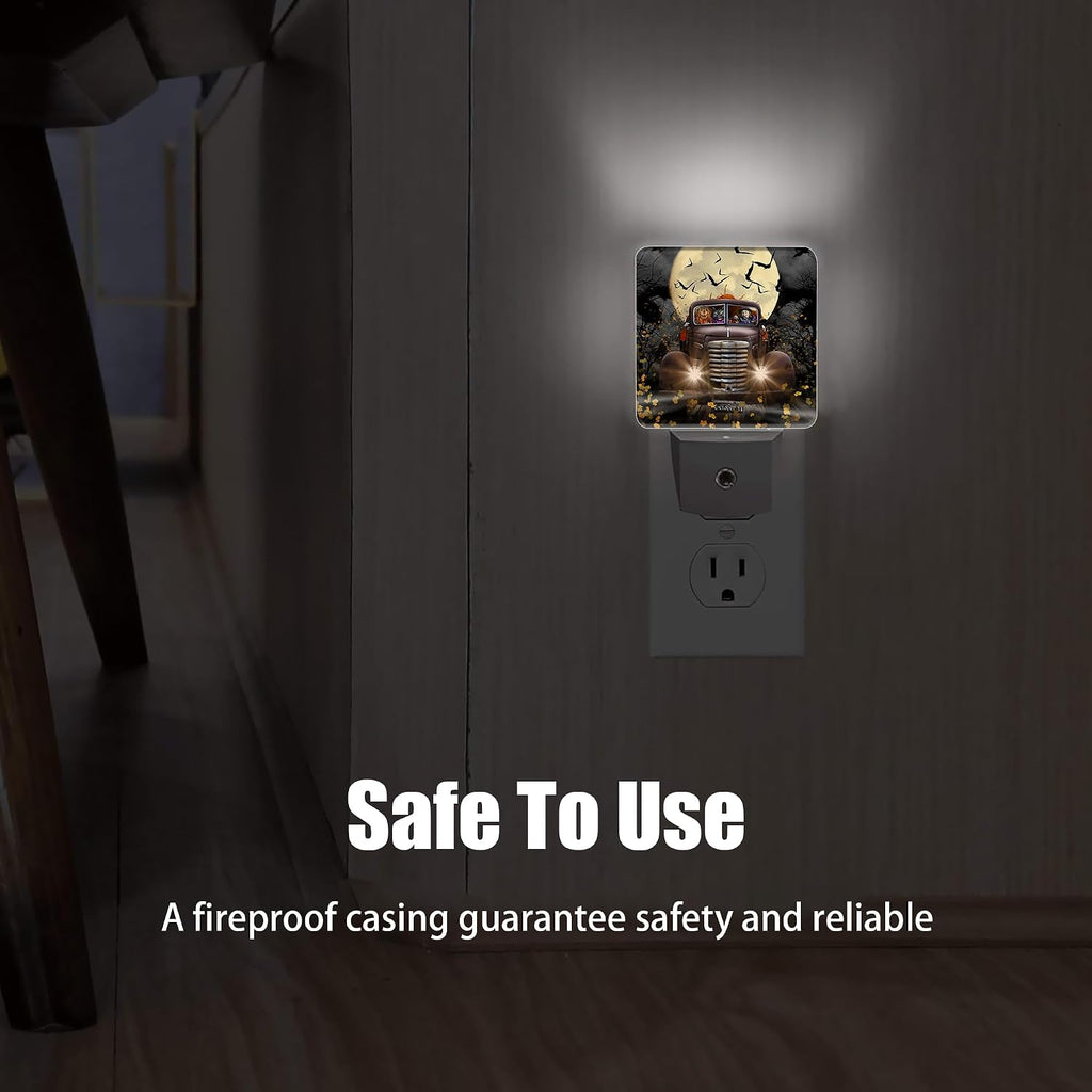Halloween Truck Night Light, Witch Cat Pumpkin Night Lights Plug into Wall Decorations for Bedroom, Bathroom, Dusk to Dawn Sensor…