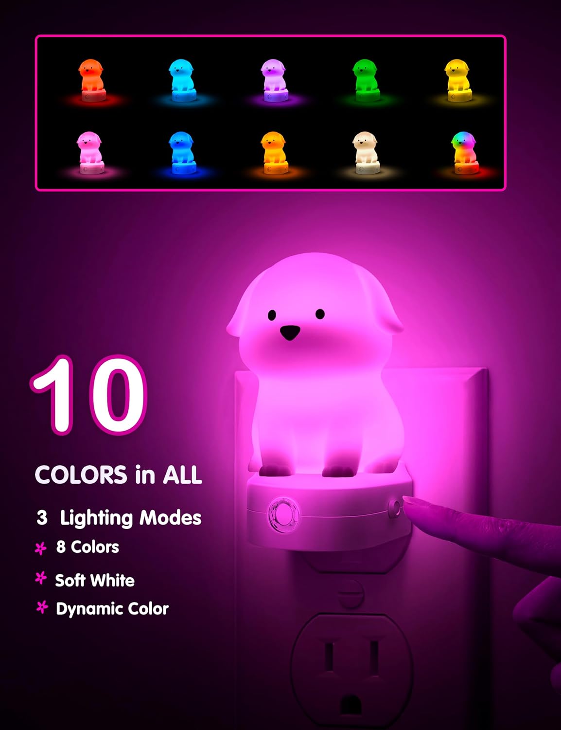 L LOHAS LED Plug in Night Light for Kids 2 Pack, 3D Cute Puppy Night Lights with Dusk to Dawn Sensor, RGB+Soft White 3000K Dog Night…