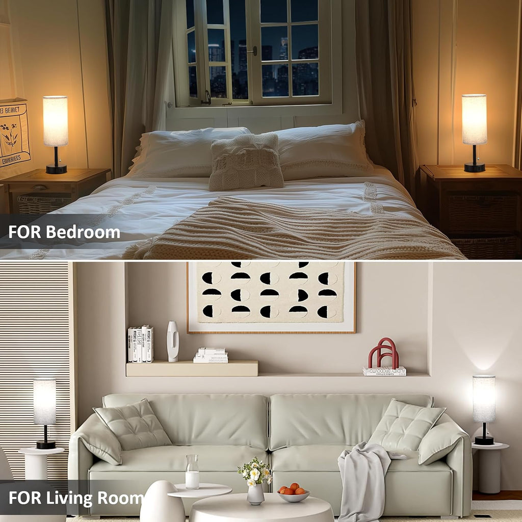Fenmzee Grey Bedside Table Lamps Set of 2-3 Color Temperatures Pull Chain Lamp with AC Outlet Charging Port, Round Night Stand Lamps for…