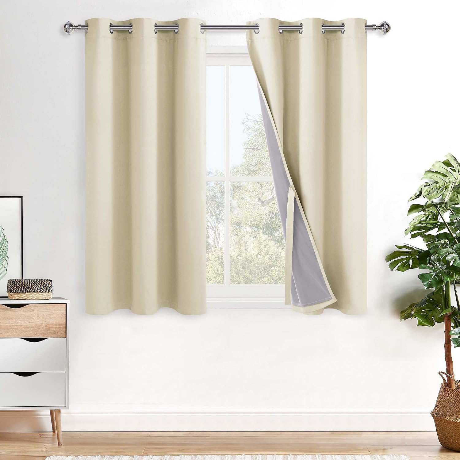 Xwzo Total Blackout Curtains 45 Inches Long - Double Layer Full Room Darkening & Energy Efficiency Grommet Window Panels with Tiebacks, Bei…