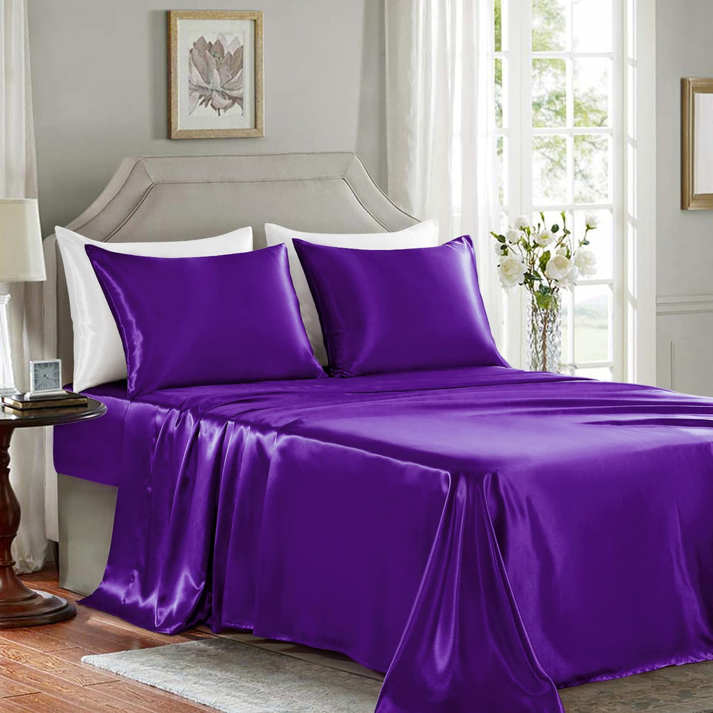 Golal Satin Sheets California King Size - 4 Pieces Luxury Silky Soft Bed Sheets, Wrinkle-Free Dark Purple Satin Silk Sheet Set with 1 Deep…