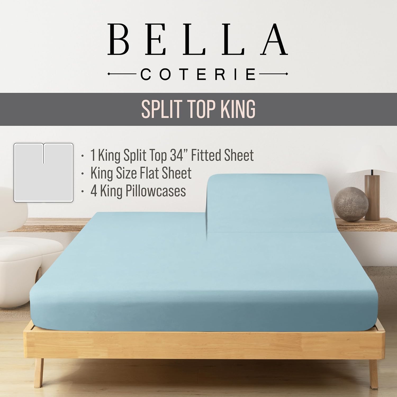 Bella Coterie 6 Piece Luxury Bamboo Viscose Split Top King Size Sheet Set | 34" Split for Adjustable Beds | 100% Organically Grown|…
