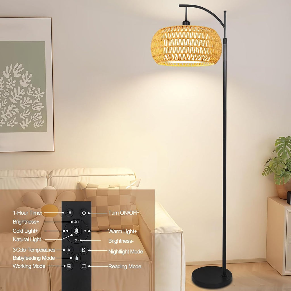 Arc Floor Lamps for Living Room Rattan Boho Floor Lamp with Remote Control, Dimmable LED Floor Lamp Wicker Lamp Shades Black Standing Lamp…