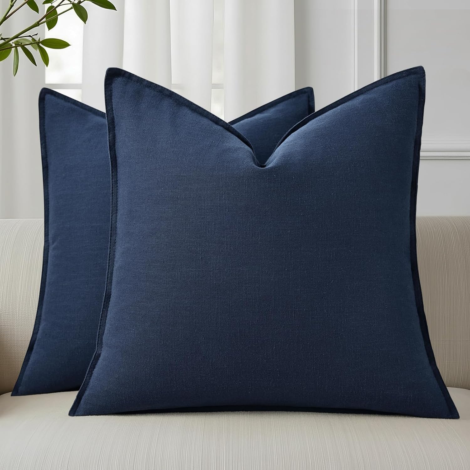 decorUhome Summer Decorative Linen Throw Pillow Covers 18x18 Inch Set of 2 Navy Blue Pillow Covers with Flange Edges Soft Farmhouse Boho Ac…