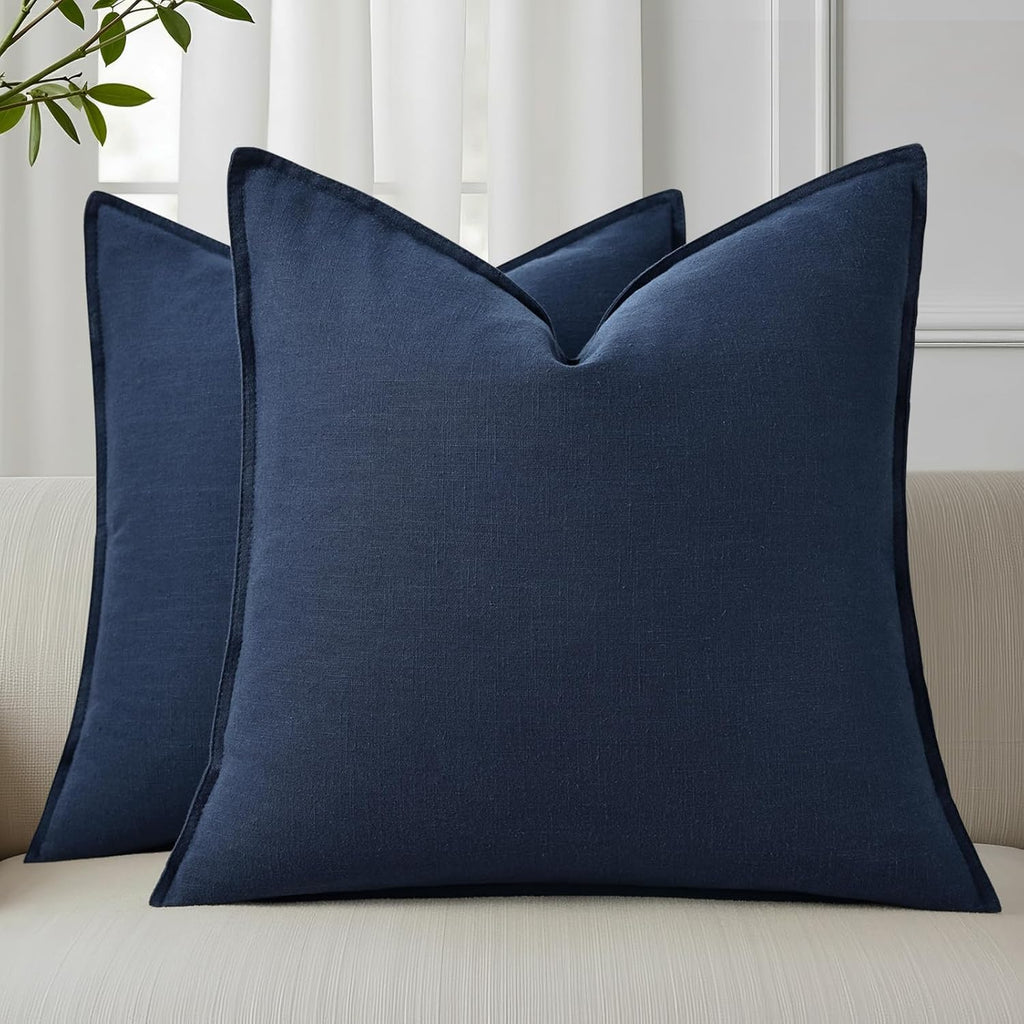 decorUhome Summer Decorative Linen Throw Pillow Covers 20x20 Inch Set of 2 Navy Blue Pillow Covers with Flange Edges Soft Farmhouse Boho Ac…