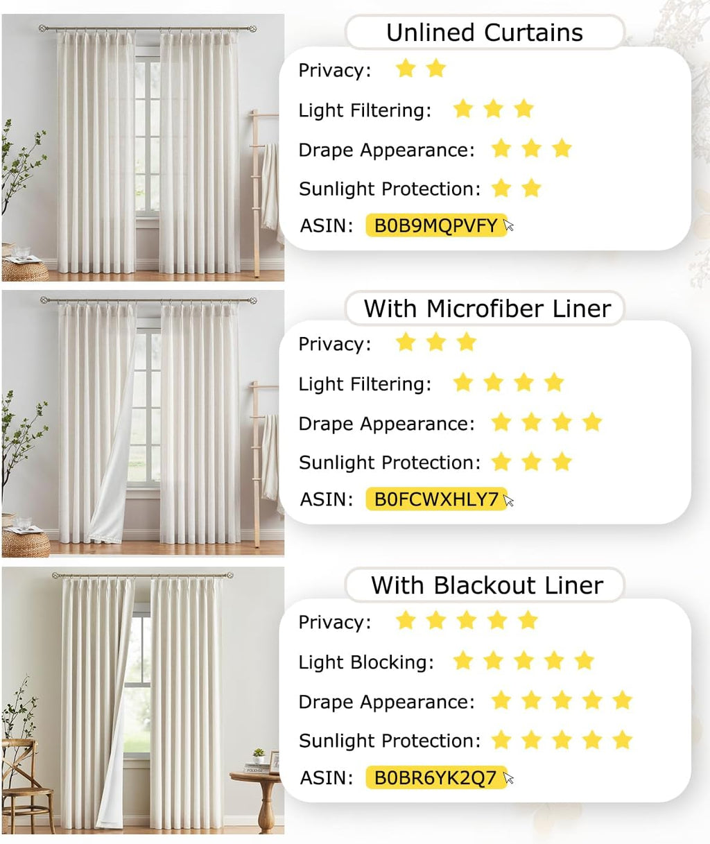 VisionHome Vision Home Natural Pinch Pleated Full Blackout Curtains Linen Blended Room Darkening Window Curtains 90 inch for Living Room Be…