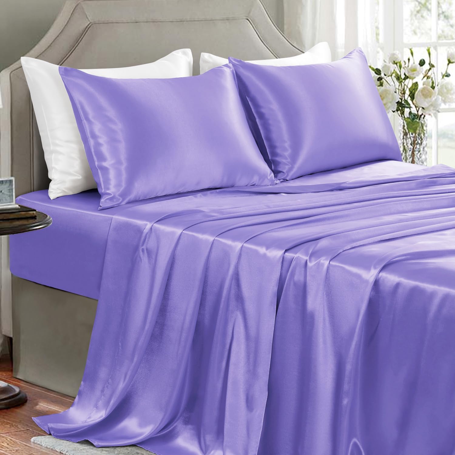 Golal Satin Sheets King Size - 4 Pieces Luxury Silky Soft Bed Sheets, Wrinkle-Free Lavender Satin Silk Sheet Set with 1 Deep Pocket Fitted…