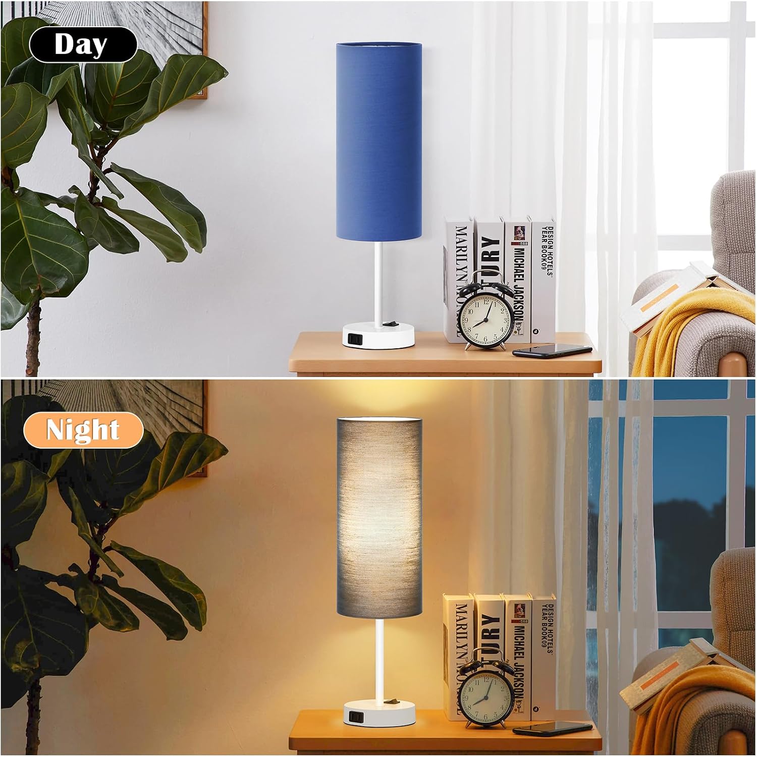 ZJOJO Table Lamp for Bedroom 2 Pack,18in Bedside Lamps with 3 Way Dimmable Rocker Switch & AC Outlet, Nightstand Desk Lamp with Blue…