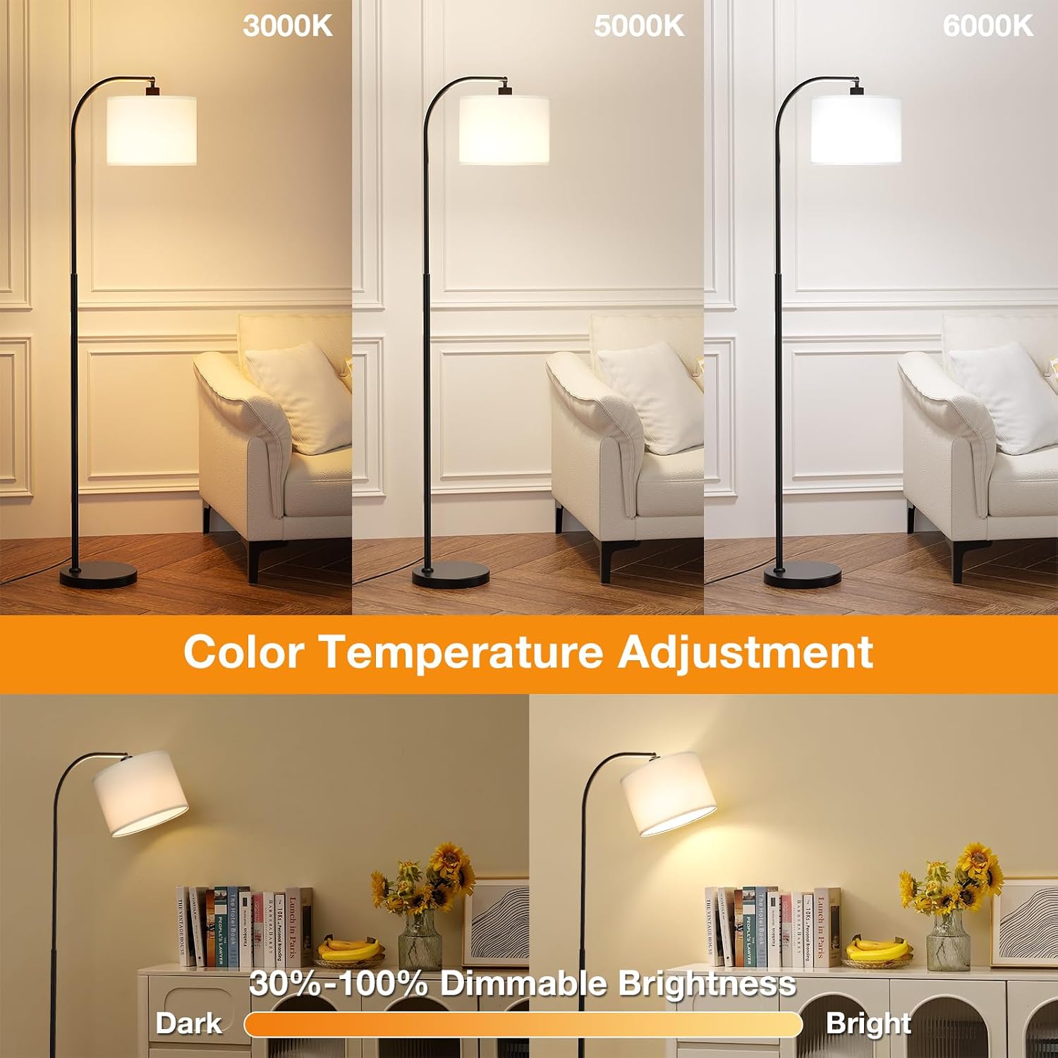 Ambimall Arc Floor Lamp with Remote and Stepless Dimmable Bulb, Colors Temperature & Brightness Adjustable, Floor Lamps for Living Room(Whi…