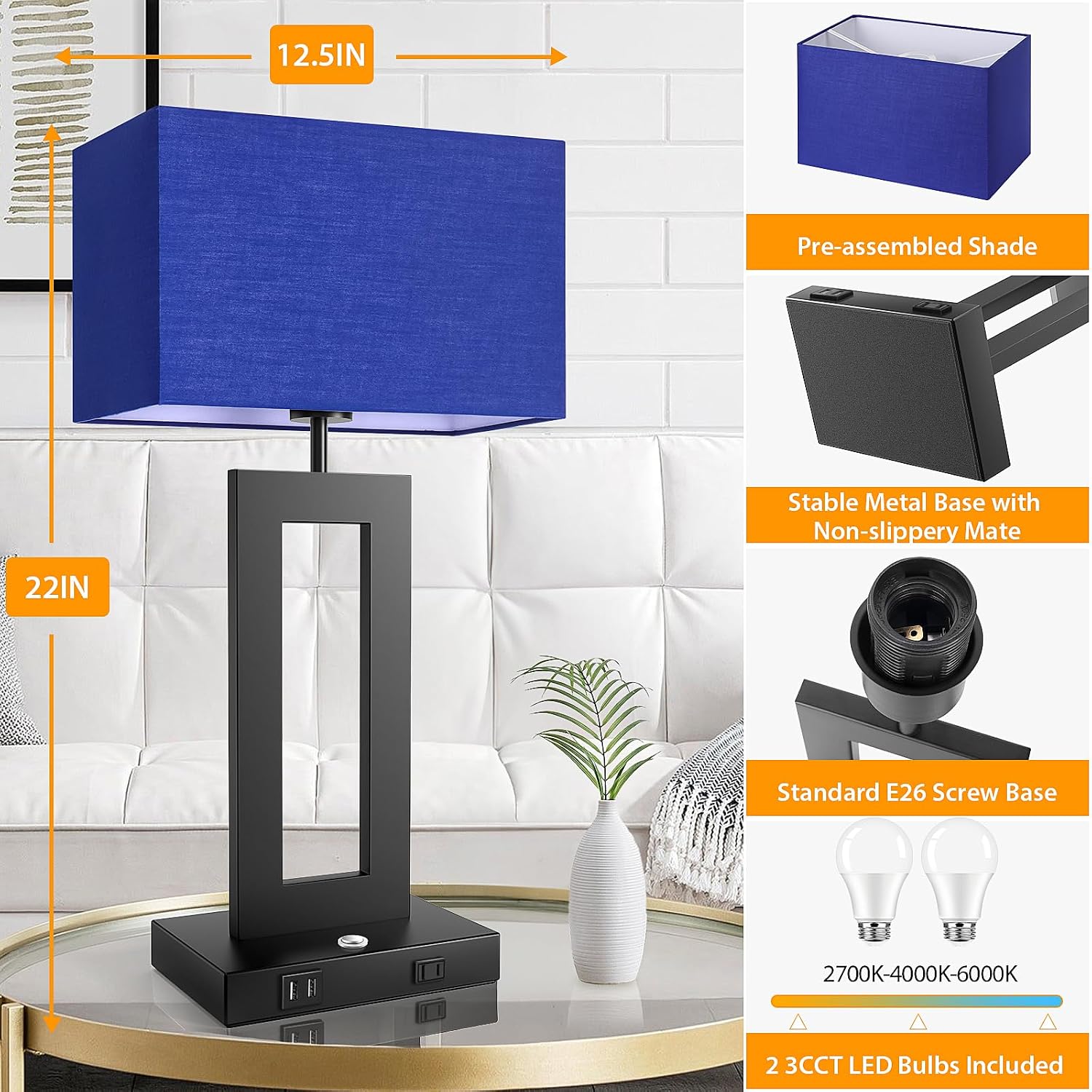 3 Color Temperatures Table Lamps for Bedrooms Set of 2, 22’’ Touch Control Bedside Nightstand Lamps with 2 USB Ports & AC Outlet…