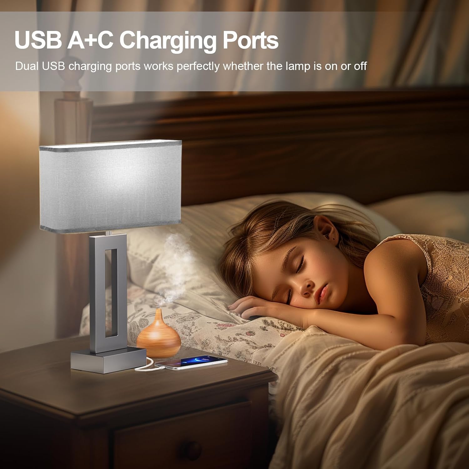 Seealle Bedroom Table Lamps Set of 2 - Grey Touch Bedside Lamps with USB C+A, 3 Way Dimmable Gold Lamp for Nightstand, Modern Night…