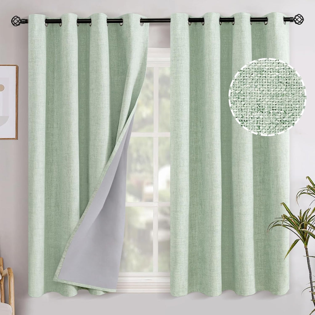 YoungsTex Sage Green Linen Blackout Curtains 45 Inch Length for Kitchen Window, Short Drapes with Grommet Thermal Insulated for Bedroom, 52…