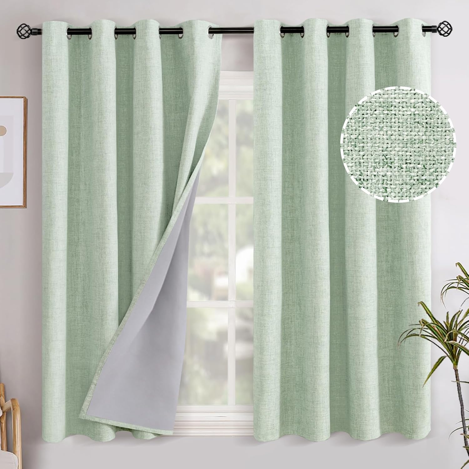 YoungsTex Sage Green Linen Blackout Curtains 45 Inch Length for Kitchen Window, Short Drapes with Grommet Thermal Insulated for Bedroom, 52…