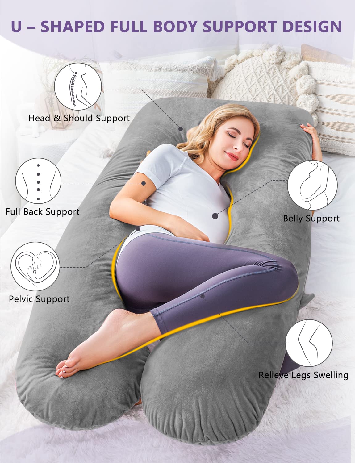 Meiz Pregnancy Pillow, U Shaped Pregnancy Body Pillow with Zipper Removable Cover (Gray- Velvet) 0 Count 55 Inch Gray