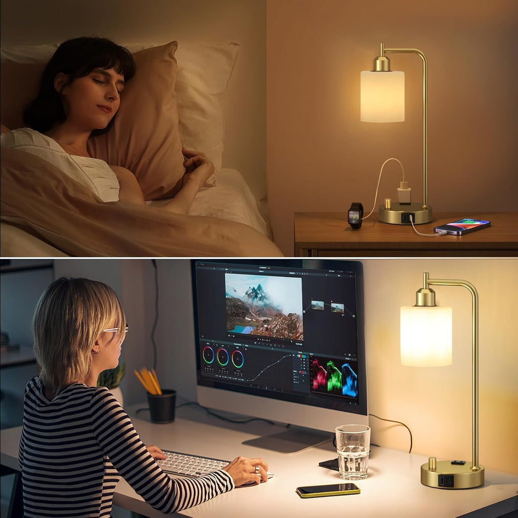 Innqoo Industrial Table Lamps for Bedroom Set of 2 - Fully Dimmable Bedside Lamps with USB Ports and Outlet, Gold Nightstand Lamps with…