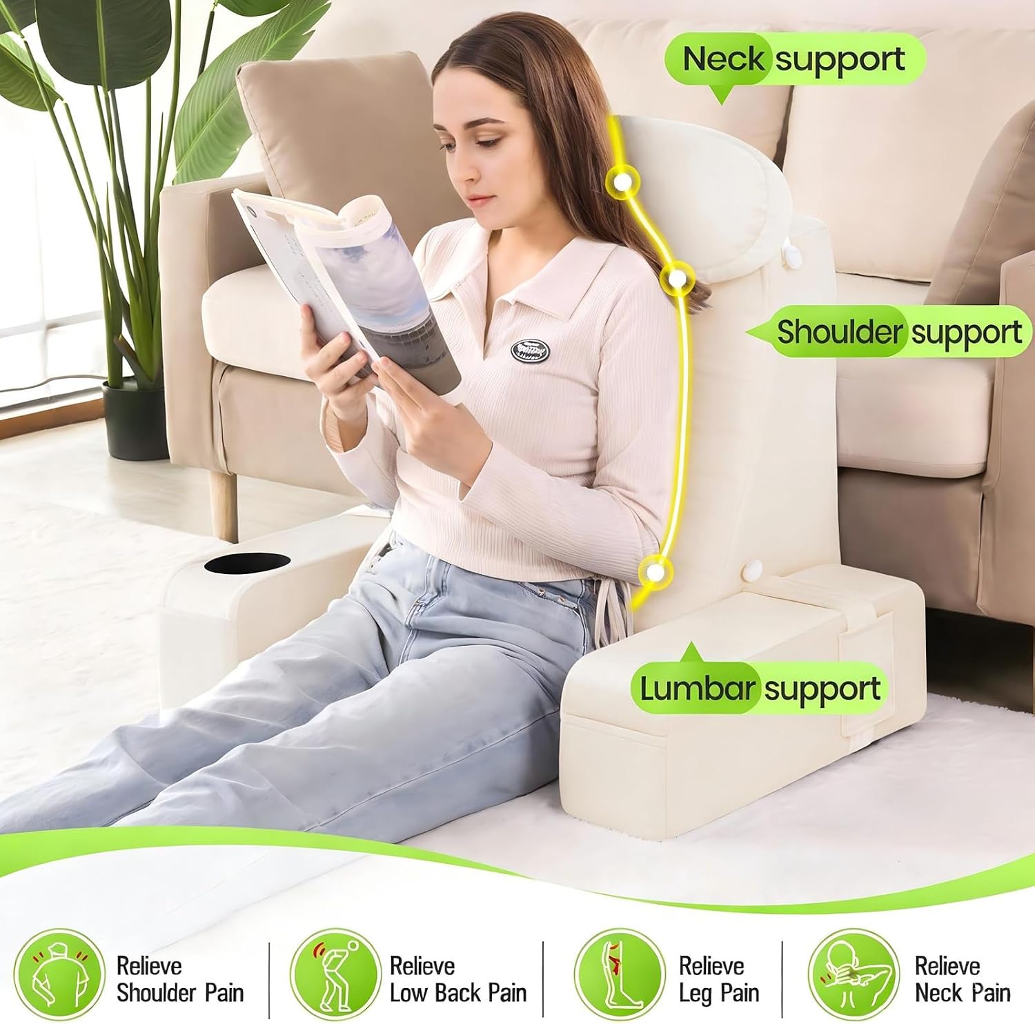 Asawesling Reading Pillow for Adults, Back Pillow for Bed Sitting Up, Backrest Pillow for Sitting in Bed, Detachable Arms with Built-in Cup…
