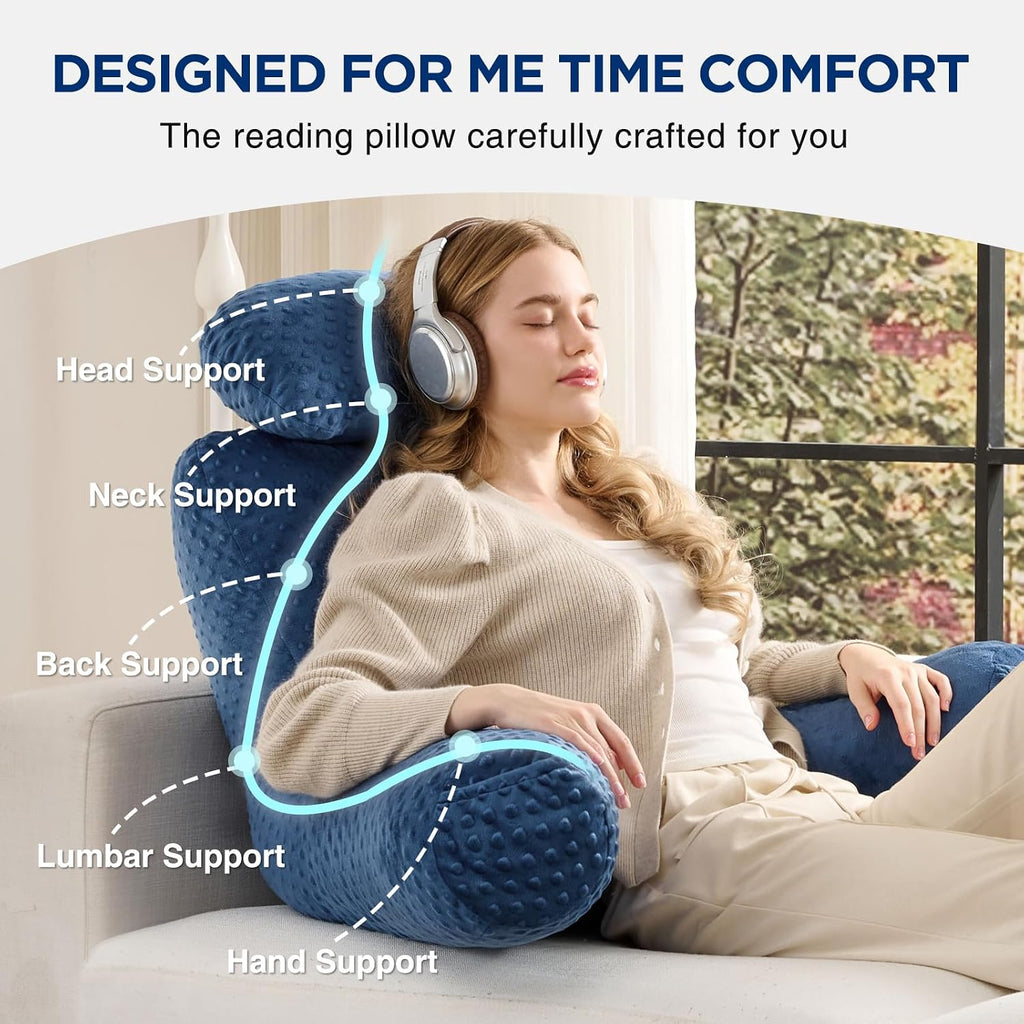 Reading Pillow for Sitting in Bed Couch Adult, Back Pillow for Bed Sitting Up, Back-Rest Support Cushion with Pockets and Arms, Watching…