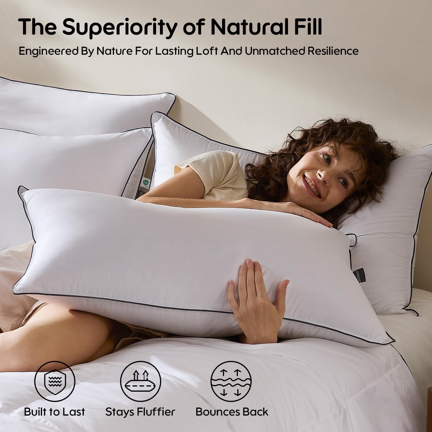 Swandream Goose Feather and Down Bed Pillow Standard Size Single Pack, Luxury 3-Chamber Pillows with Soft & Down-Proof Cover, Fluffy Plush…